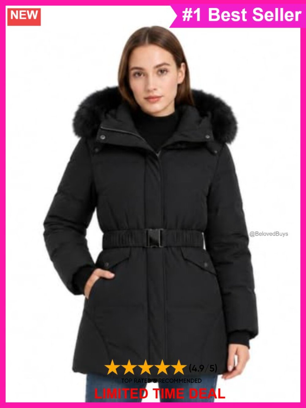 Mid Length Duck Down Puffer Coat with Fur Hood & Belt